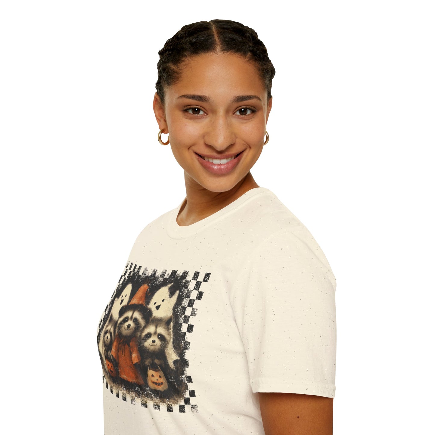 Halloween Raccoon T-Shirt, Fun Fall Apparel, Trick or Treat Shirt, Unisex Halloween Tee, Cozy Autumn Fashion, Cute Ghosts & Pumpkins