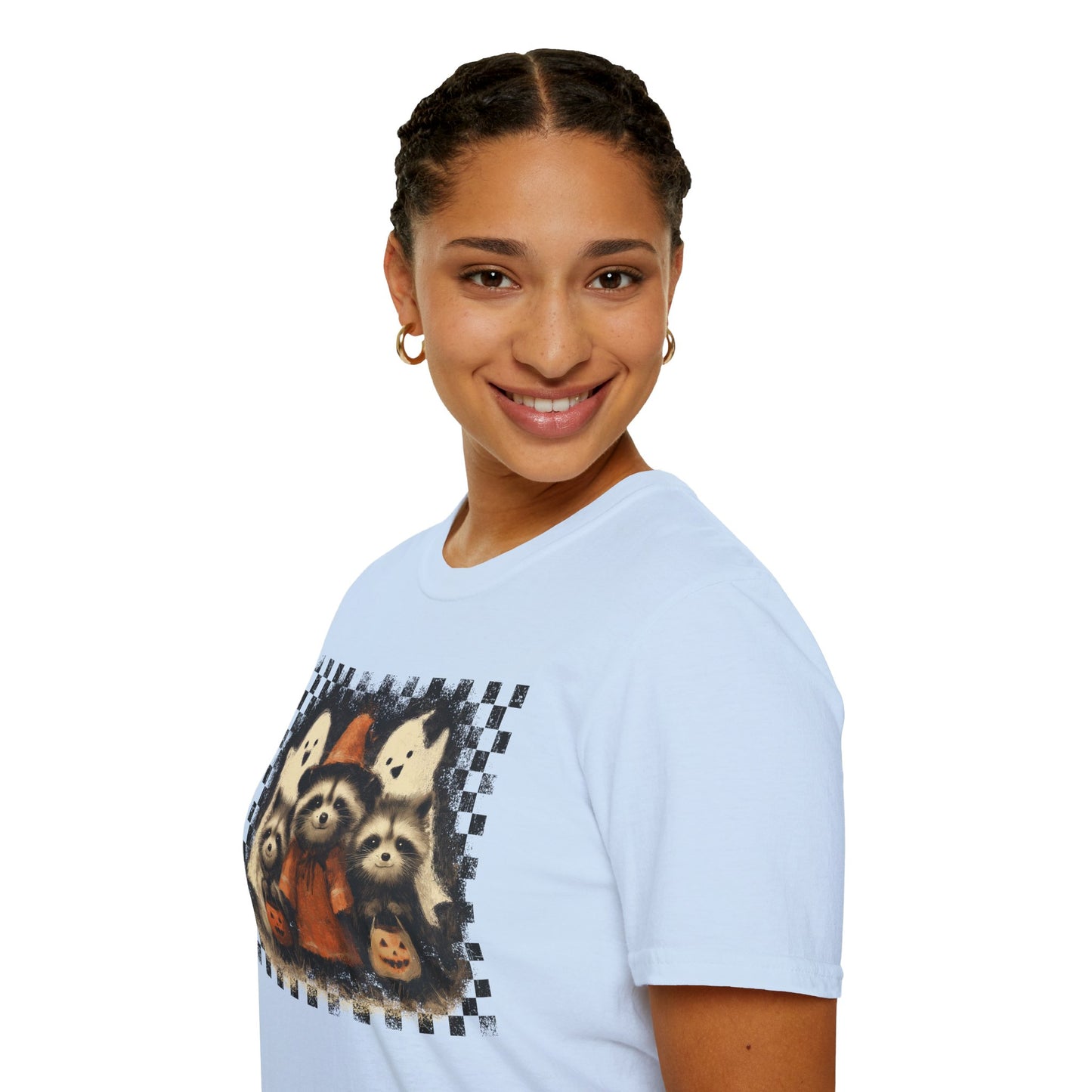 Halloween Raccoon T-Shirt, Fun Fall Apparel, Trick or Treat Shirt, Unisex Halloween Tee, Cozy Autumn Fashion, Cute Ghosts & Pumpkins