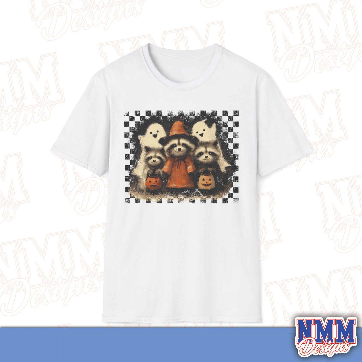 Halloween Raccoon T-Shirt, Fun Fall Apparel, Trick or Treat Shirt, Unisex Halloween Tee, Cozy Autumn Fashion, Cute Ghosts & Pumpkins