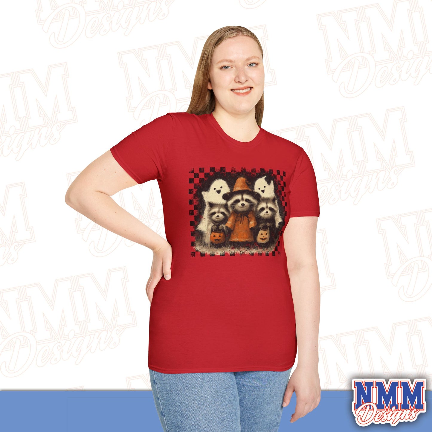 Halloween Raccoon T-Shirt, Fun Fall Apparel, Trick or Treat Shirt, Unisex Halloween Tee, Cozy Autumn Fashion, Cute Ghosts & Pumpkins