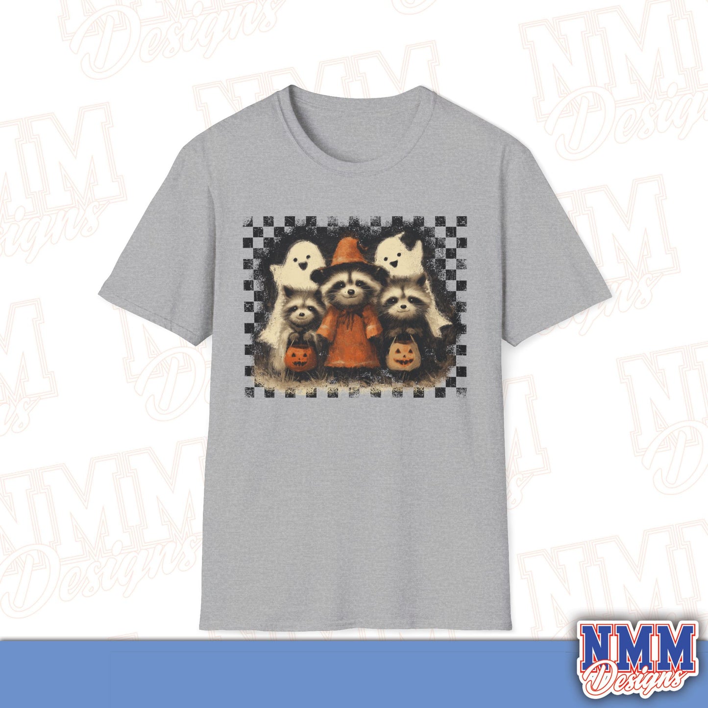 Halloween Raccoon T-Shirt, Fun Fall Apparel, Trick or Treat Shirt, Unisex Halloween Tee, Cozy Autumn Fashion, Cute Ghosts & Pumpkins