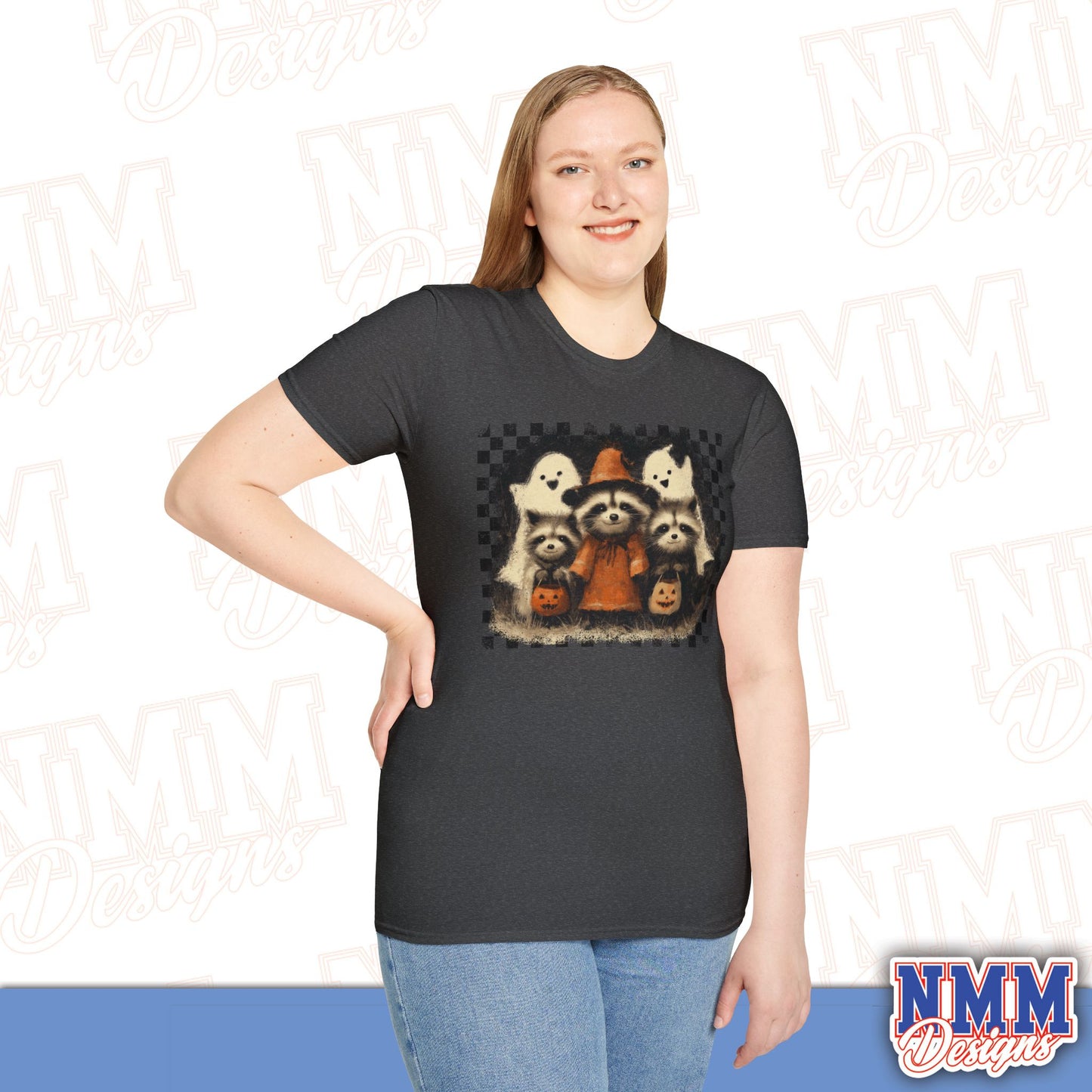 Halloween Raccoon T-Shirt, Fun Fall Apparel, Trick or Treat Shirt, Unisex Halloween Tee, Cozy Autumn Fashion, Cute Ghosts & Pumpkins