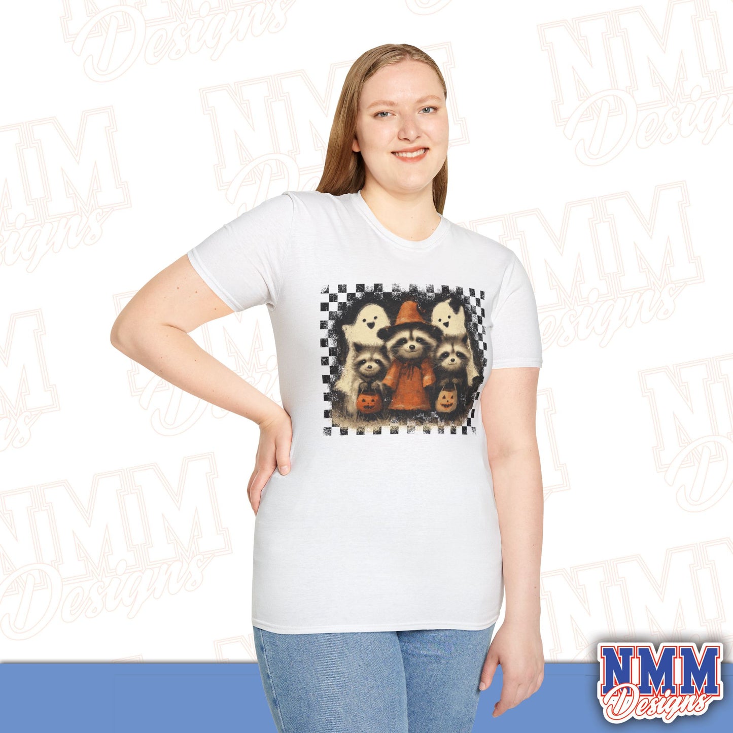 Halloween Raccoon T-Shirt, Fun Fall Apparel, Trick or Treat Shirt, Unisex Halloween Tee, Cozy Autumn Fashion, Cute Ghosts & Pumpkins
