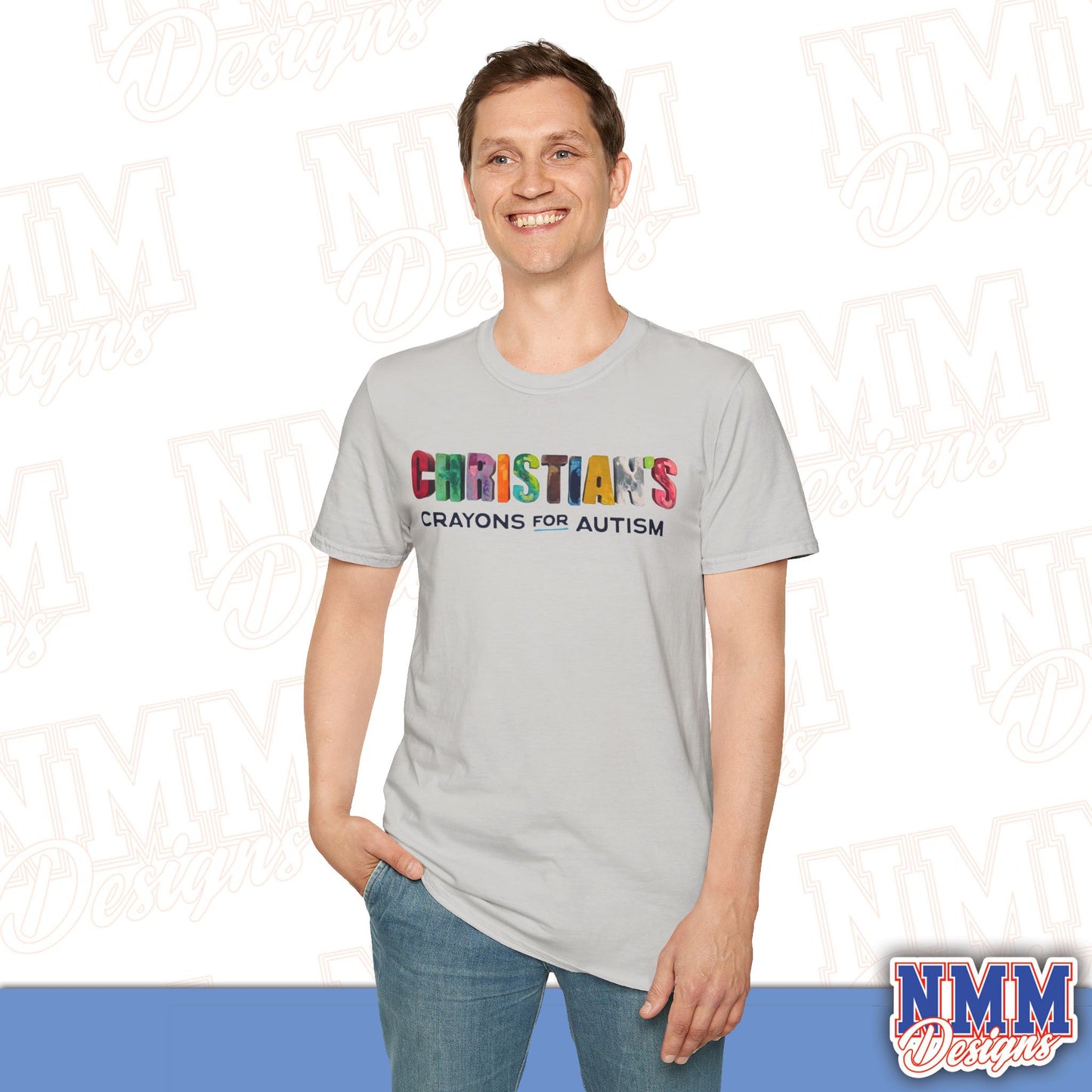 Christian's Crayons for Autism T-Shirt, Unisex Softstyle Tee, Crayons for Autism, Puzzle Piece Design, Gift for Supporters