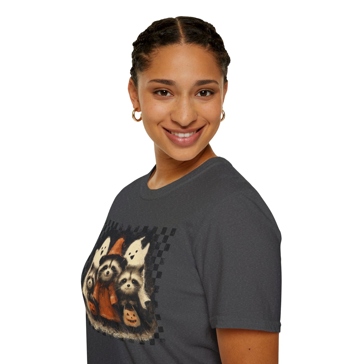 Halloween Raccoon T-Shirt, Fun Fall Apparel, Trick or Treat Shirt, Unisex Halloween Tee, Cozy Autumn Fashion, Cute Ghosts & Pumpkins