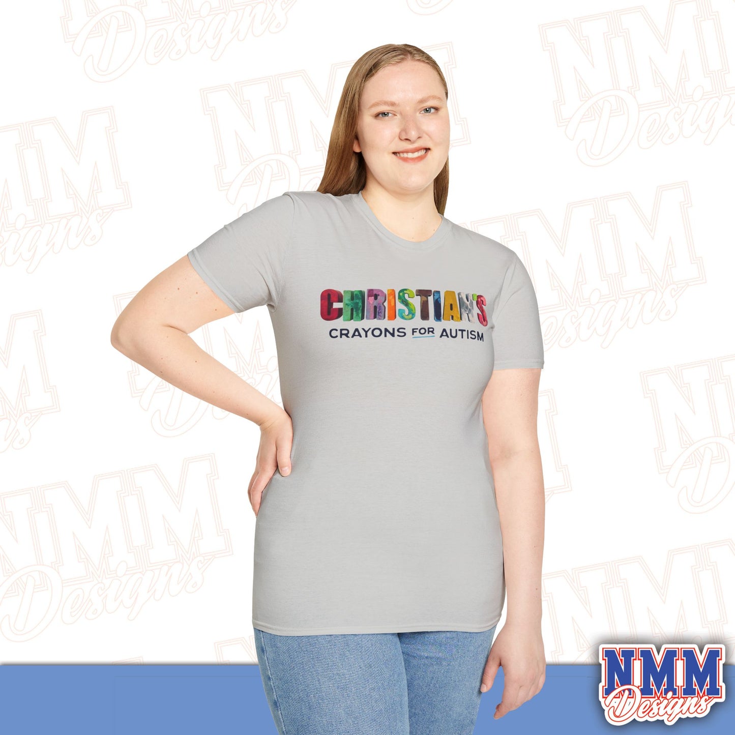 Christian's Crayons for Autism T-Shirt, Unisex Softstyle Tee, Crayons for Autism, Puzzle Piece Design, Gift for Supporters