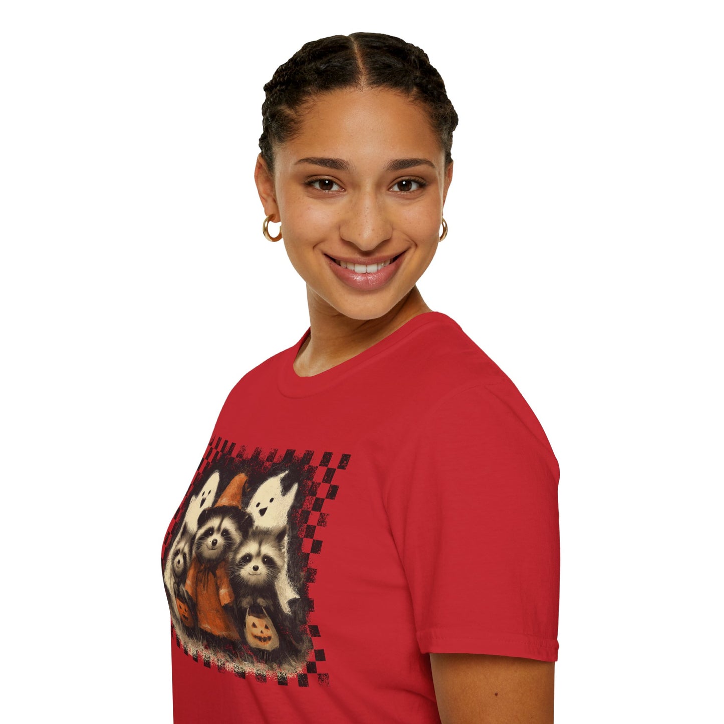 Halloween Raccoon T-Shirt, Fun Fall Apparel, Trick or Treat Shirt, Unisex Halloween Tee, Cozy Autumn Fashion, Cute Ghosts & Pumpkins