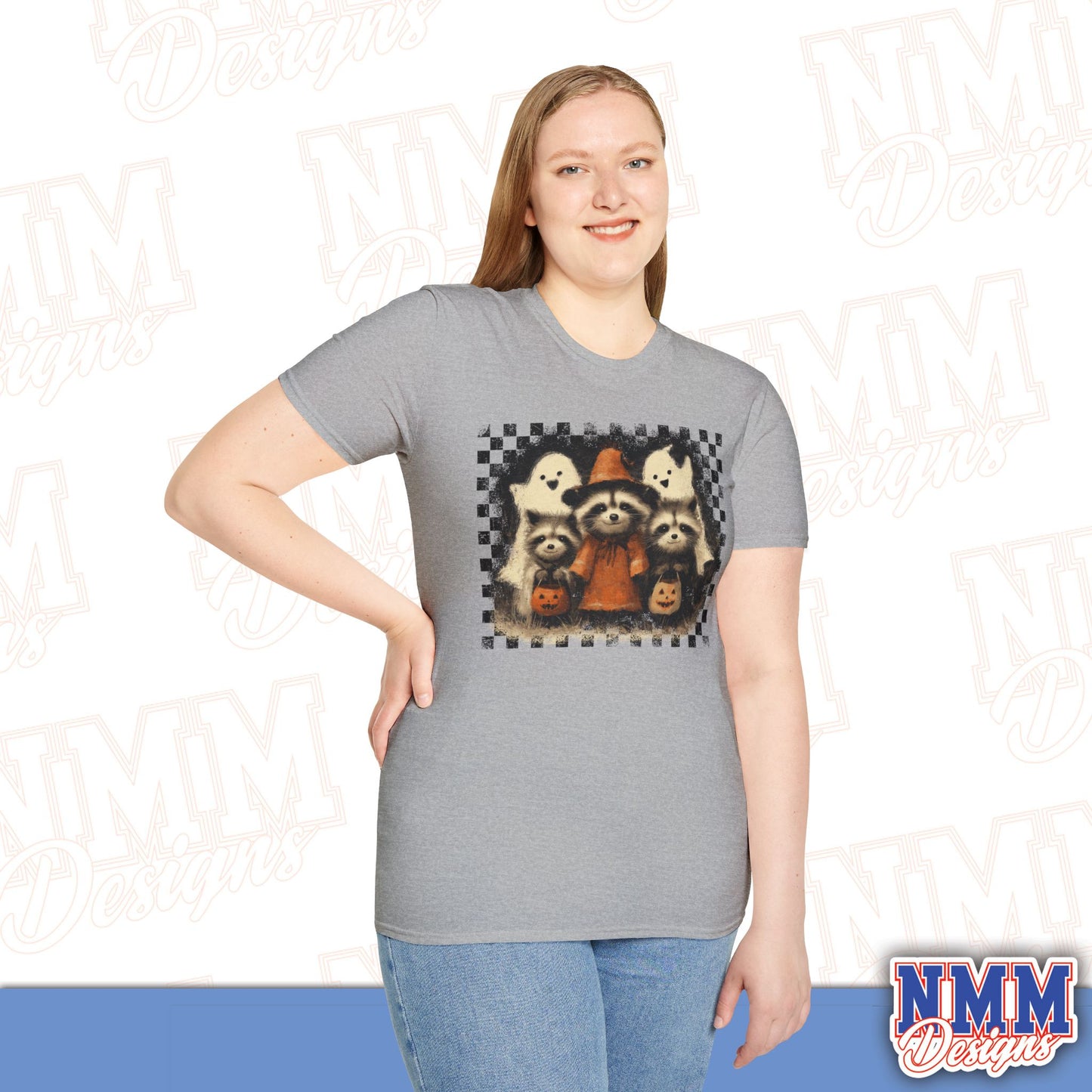 Halloween Raccoon T-Shirt, Fun Fall Apparel, Trick or Treat Shirt, Unisex Halloween Tee, Cozy Autumn Fashion, Cute Ghosts & Pumpkins