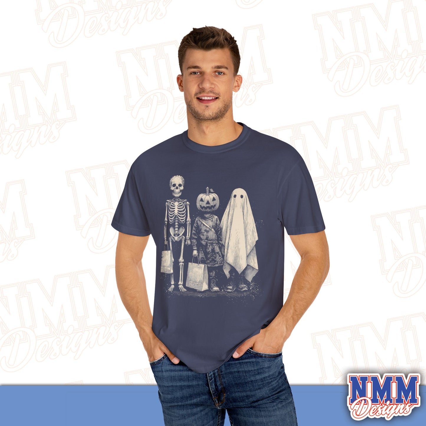 Halloween Skeleton & Ghost T-Shirt - Unisex Garment-Dyed Tee for Spooky Seasonal Celebrations, Fall Festivities, Halloween Parties, [...]