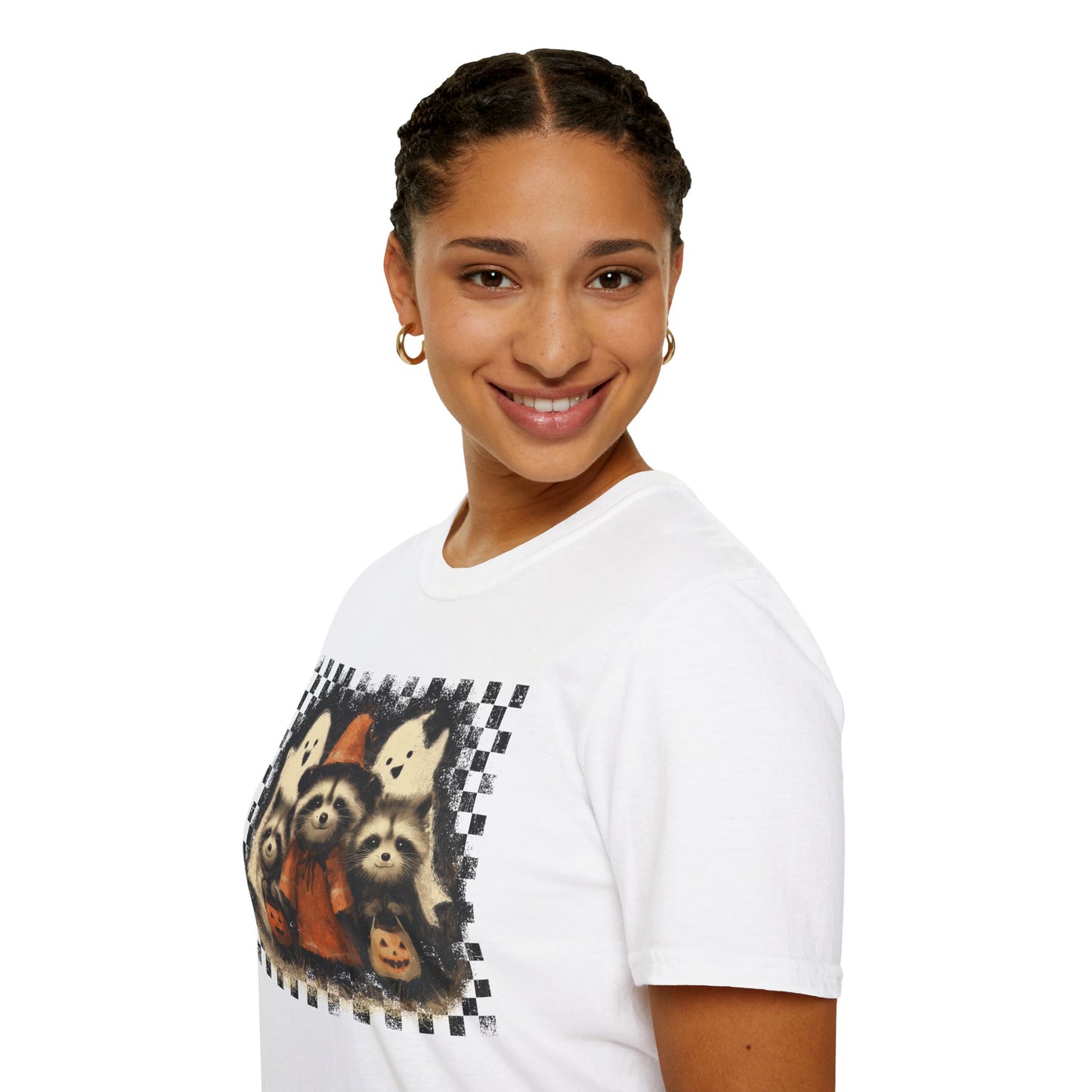 Halloween Raccoon T-Shirt, Fun Fall Apparel, Trick or Treat Shirt, Unisex Halloween Tee, Cozy Autumn Fashion, Cute Ghosts & Pumpkins
