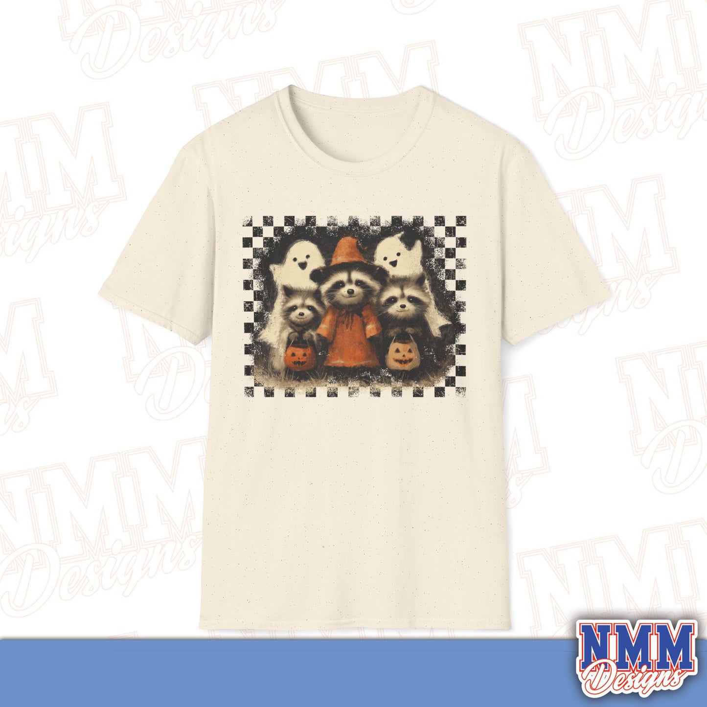 Halloween Raccoon T-Shirt, Fun Fall Apparel, Trick or Treat Shirt, Unisex Halloween Tee, Cozy Autumn Fashion, Cute Ghosts & Pumpkins