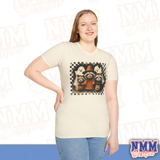 Halloween Raccoon T-Shirt, Fun Fall Apparel, Trick or Treat Shirt, Unisex Halloween Tee, Cozy Autumn Fashion, Cute Ghosts & Pumpkins