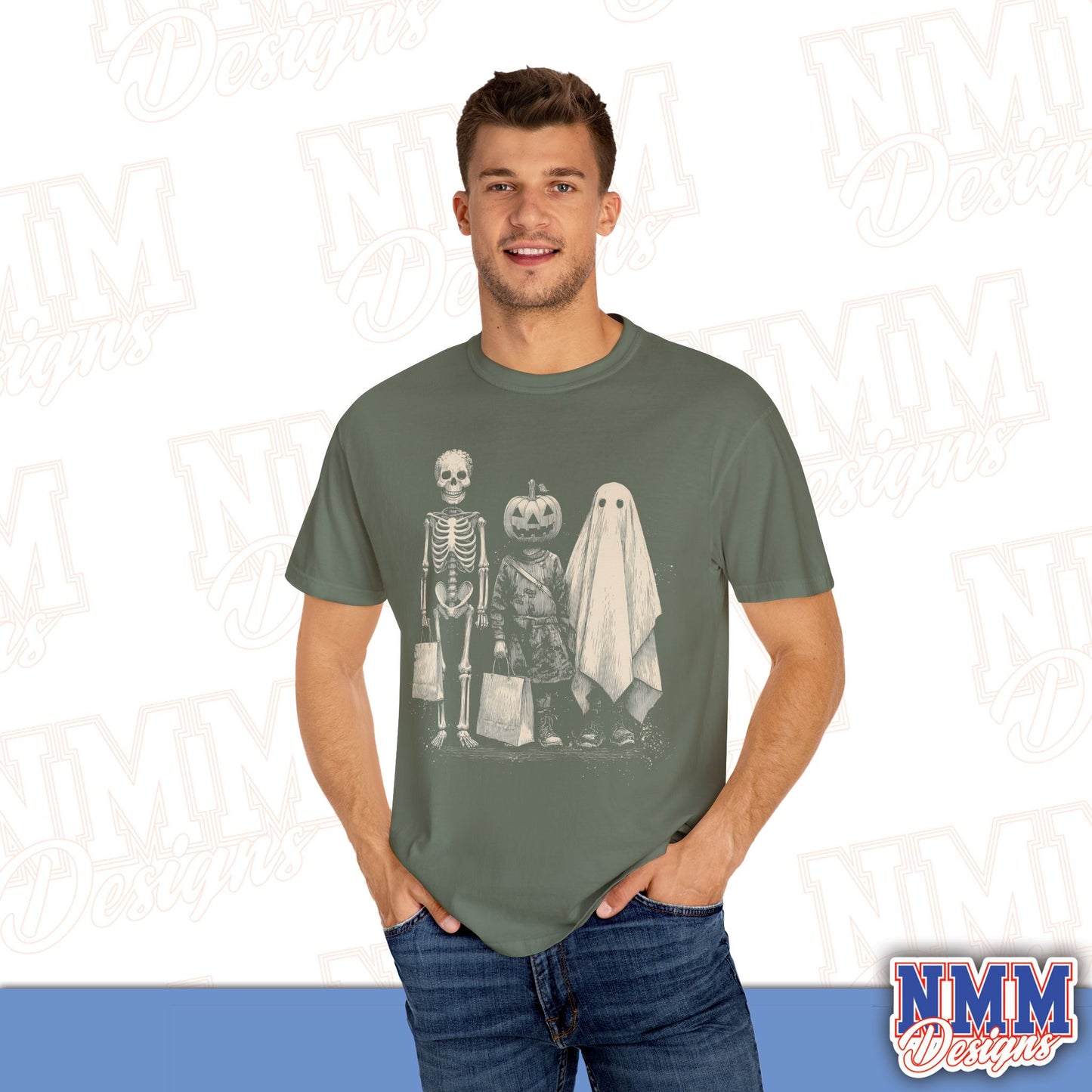 Halloween Skeleton & Ghost T-Shirt - Unisex Garment-Dyed Tee for Spooky Seasonal Celebrations, Fall Festivities, Halloween Parties, [...]