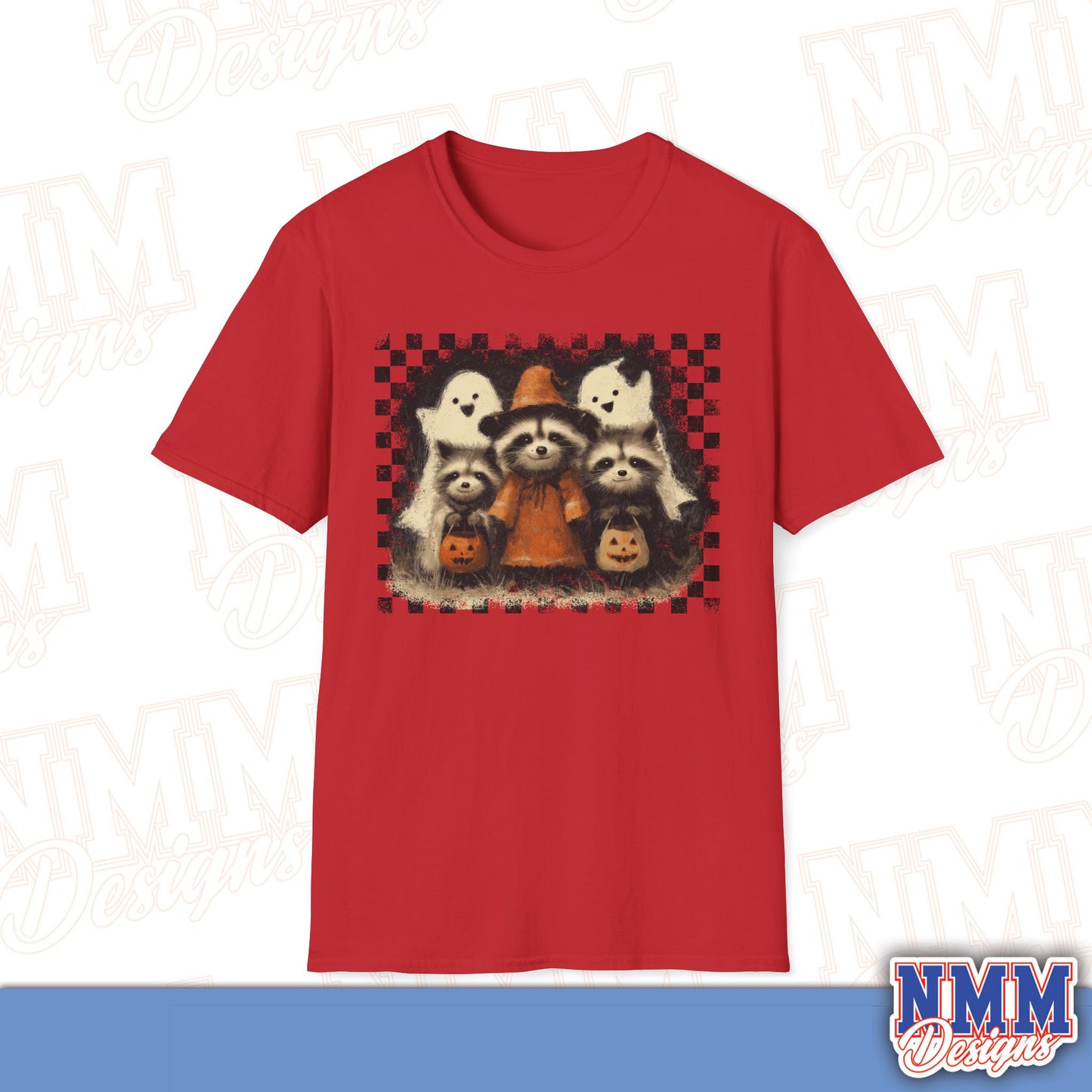 Halloween Raccoon T-Shirt, Fun Fall Apparel, Trick or Treat Shirt, Unisex Halloween Tee, Cozy Autumn Fashion, Cute Ghosts & Pumpkins