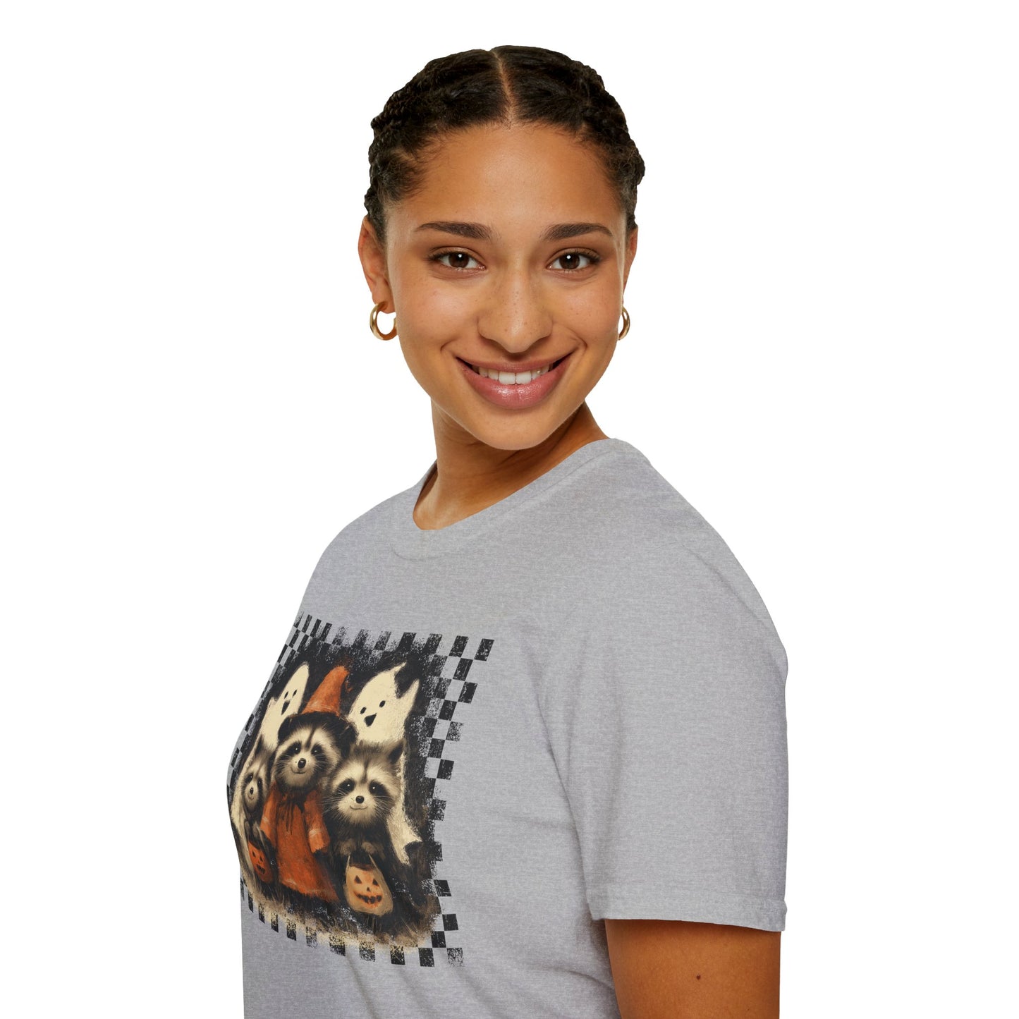 Halloween Raccoon T-Shirt, Fun Fall Apparel, Trick or Treat Shirt, Unisex Halloween Tee, Cozy Autumn Fashion, Cute Ghosts & Pumpkins