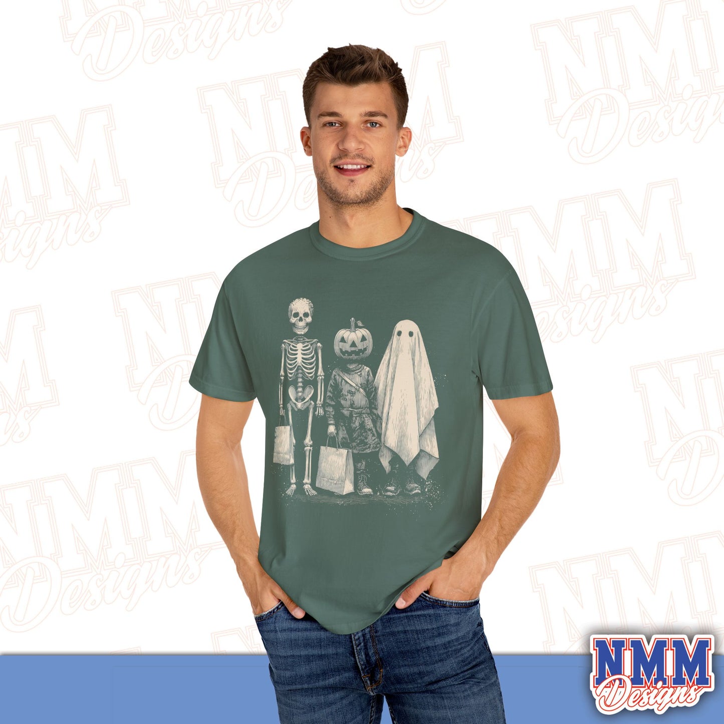 Halloween Skeleton & Ghost T-Shirt - Unisex Garment-Dyed Tee for Spooky Seasonal Celebrations, Fall Festivities, Halloween Parties, [...]