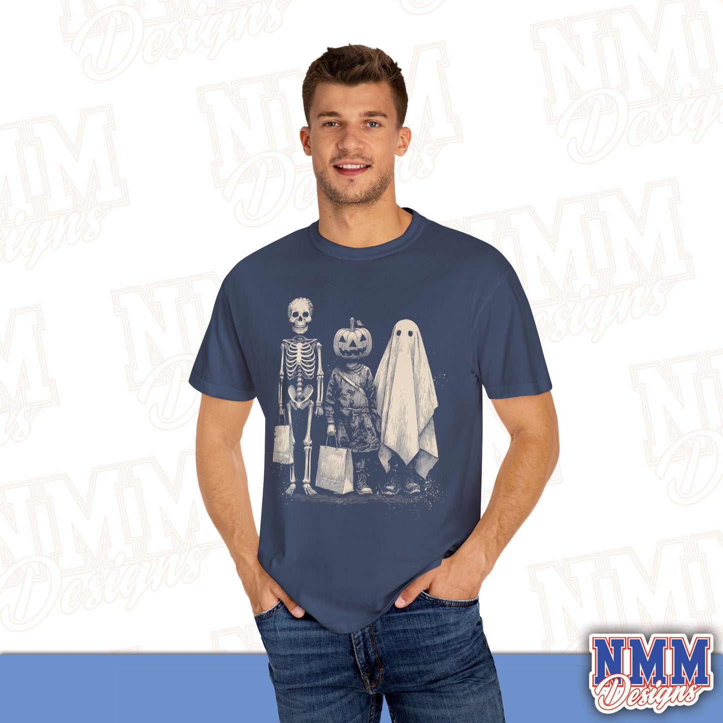 Halloween Skeleton & Ghost T-Shirt - Unisex Garment-Dyed Tee for Spooky Seasonal Celebrations, Fall Festivities, Halloween Parties, [...]