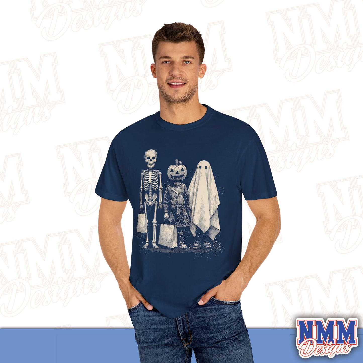 Halloween Skeleton & Ghost T-Shirt - Unisex Garment-Dyed Tee for Spooky Seasonal Celebrations, Fall Festivities, Halloween Parties, [...]