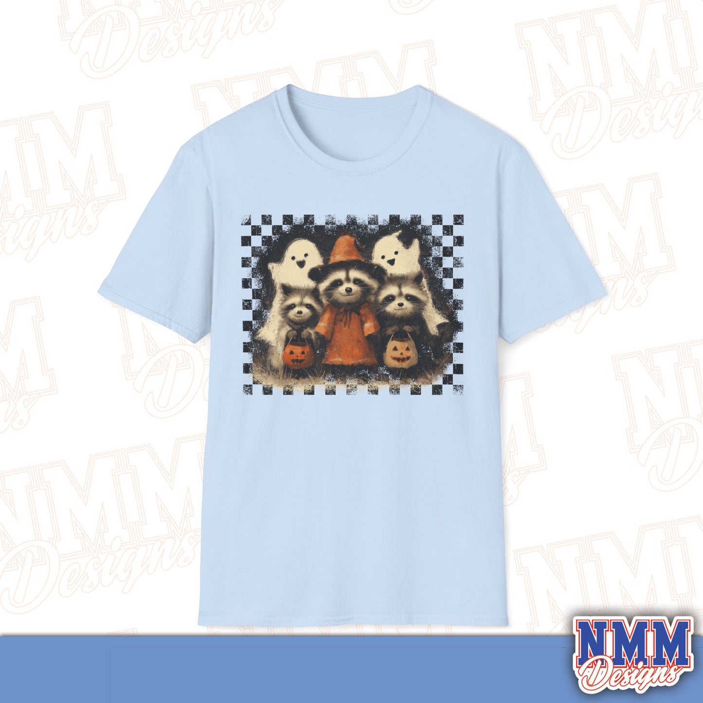 Halloween Raccoon T-Shirt, Fun Fall Apparel, Trick or Treat Shirt, Unisex Halloween Tee, Cozy Autumn Fashion, Cute Ghosts & Pumpkins