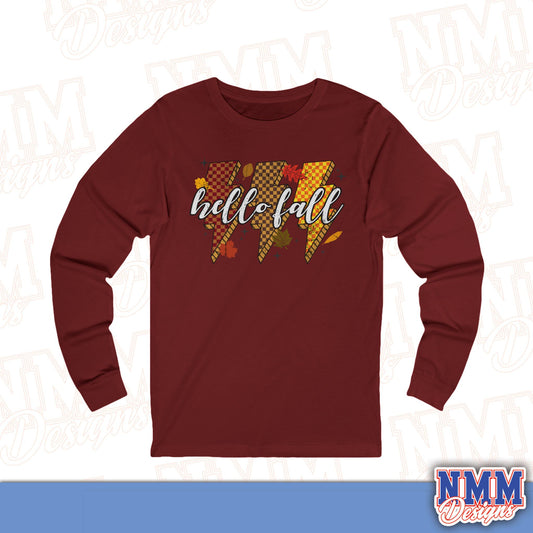 Hello-Fall Unisex Long Sleeve Tee, Cozy Autumn Shirt, Fall Fashion Top, Thanksgiving Gift, Seasonal Layering Tee