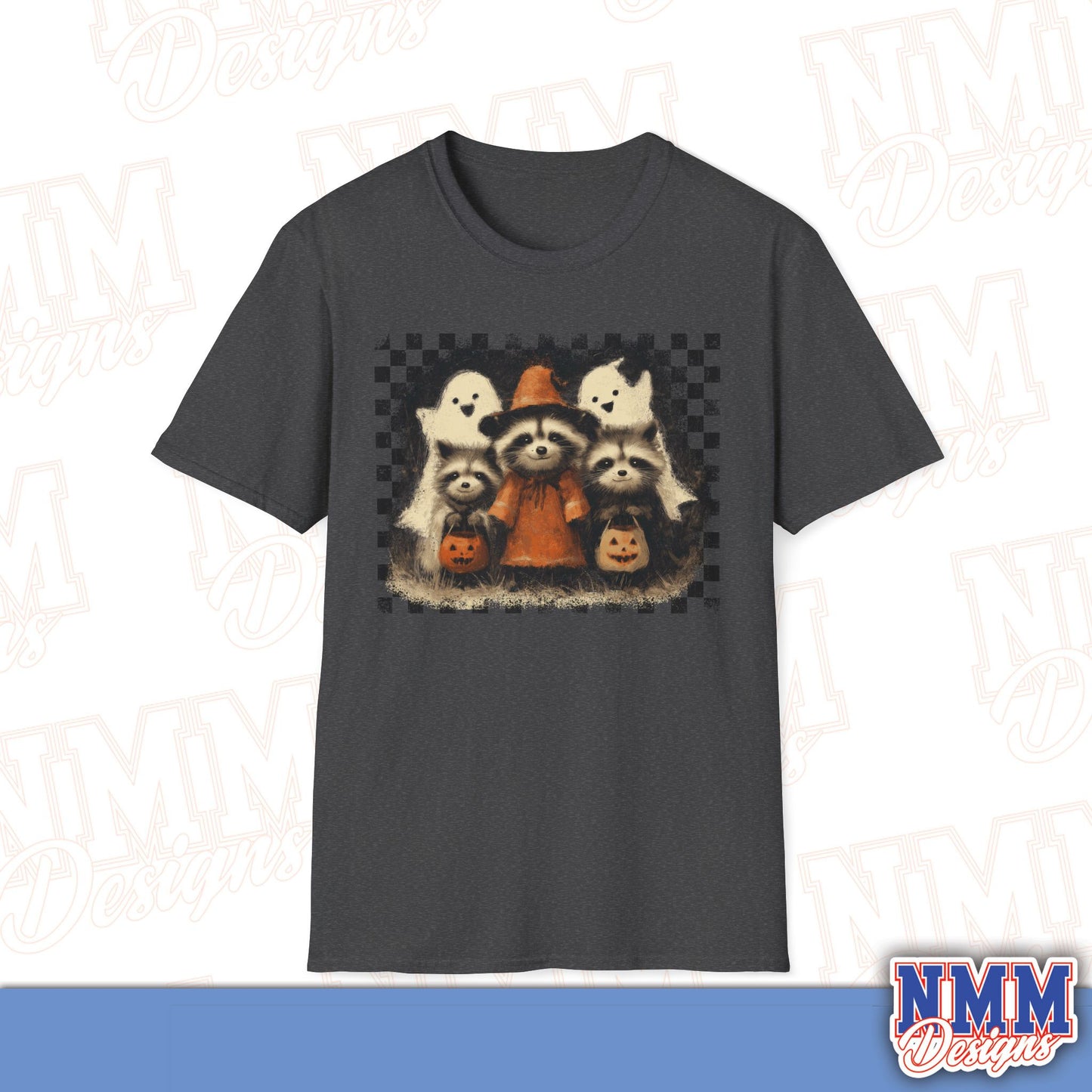 Halloween Raccoon T-Shirt, Fun Fall Apparel, Trick or Treat Shirt, Unisex Halloween Tee, Cozy Autumn Fashion, Cute Ghosts & Pumpkins
