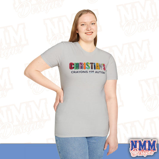 Christian's Crayons for Autism T-Shirt, Unisex Softstyle Tee, Crayons for Autism, Puzzle Piece Design, Gift for Supporters